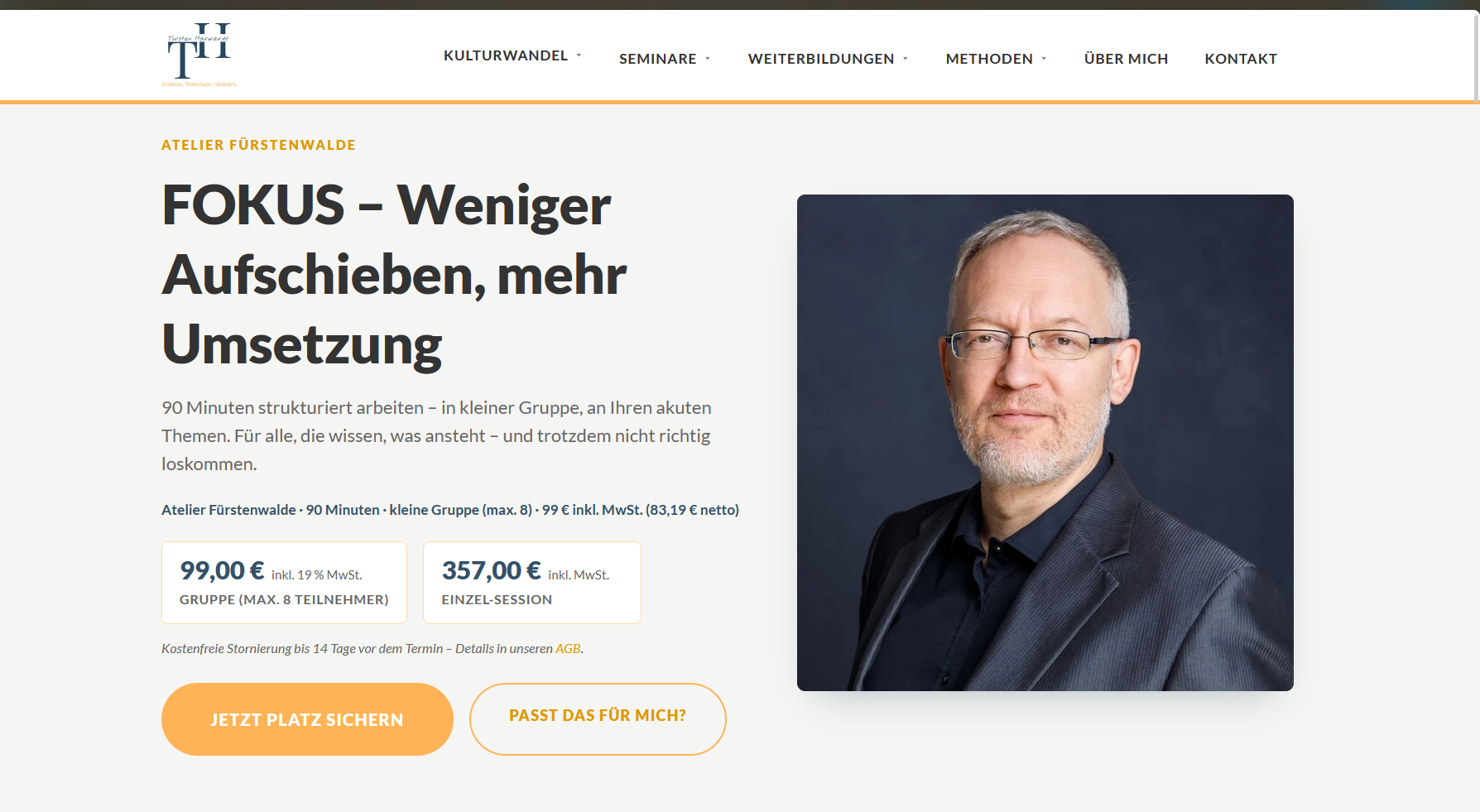 Website-Screenshot einer Coaching- und Seminar-Seite